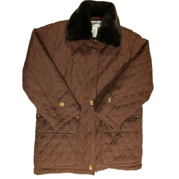 Vintage BERNARDO Faux Fur Removable Collar Quilted Coat Size M Brown - Picture 1 of 13